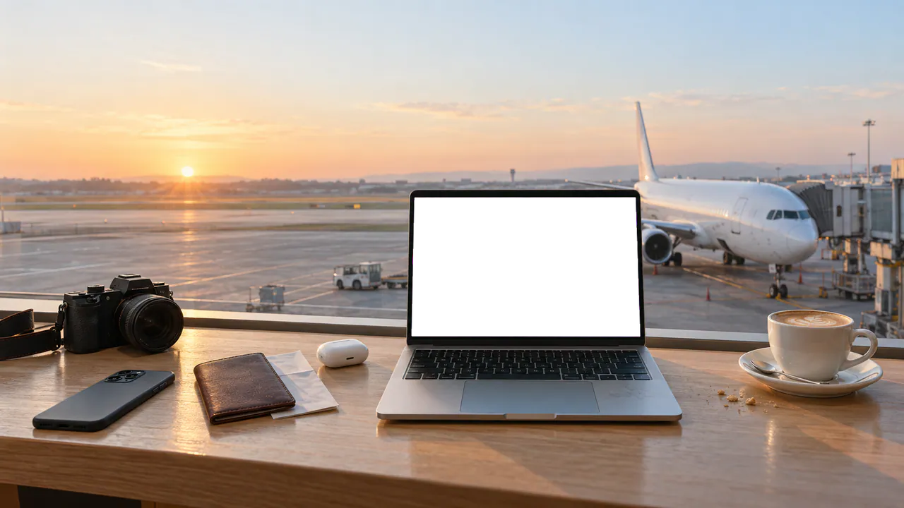A laptop open on a window counter in an airport lounge at sunrise, with a plane at the gate outside.