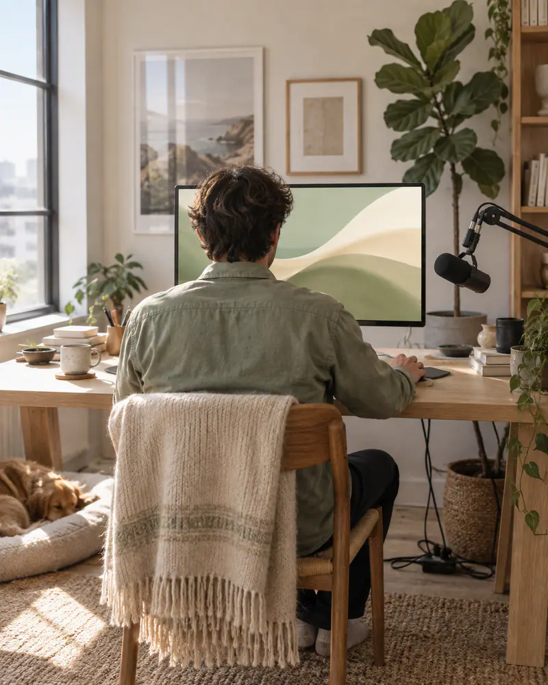 A person from behind at a desk, working at a large monitor in a bright room.