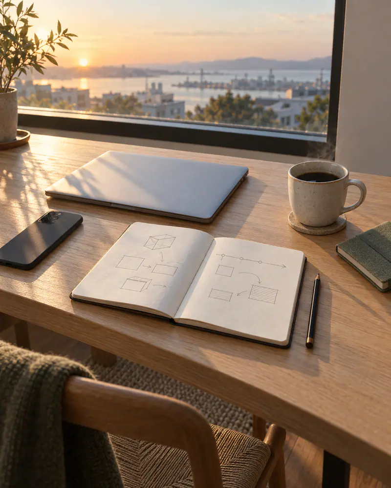 A tidy desk by a window at sunset with a closed laptop, a notebook and a coffee.